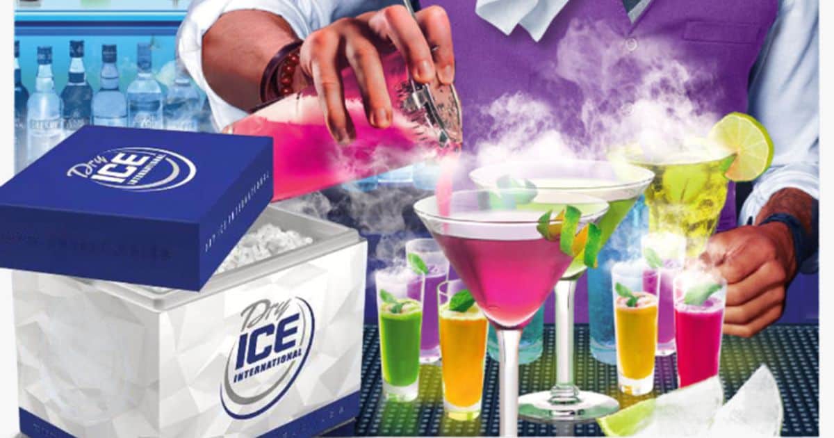 Person pouring colorful dry ice into cocktails for a visual effect.
